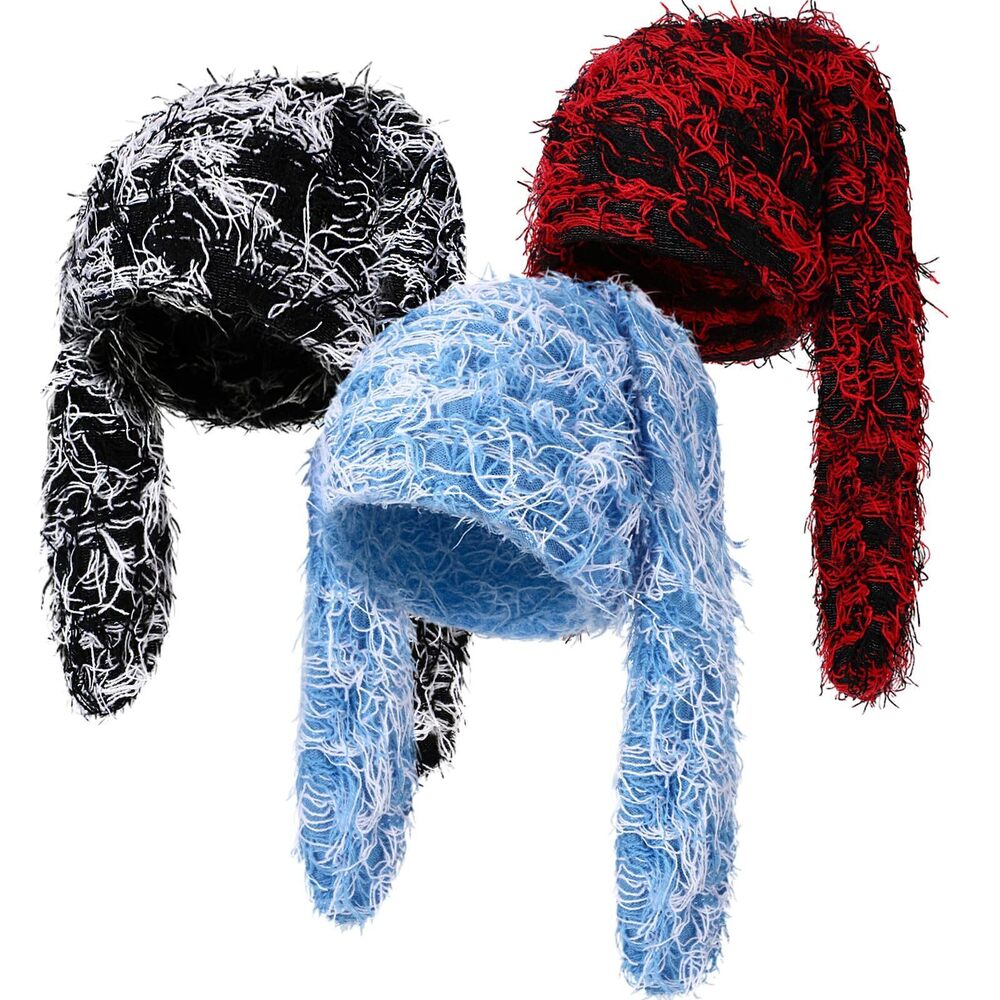 7636 3 Pcs Fuzzy Beanie Bunny Ears Hat Faux Fur Y2k Furry Fluffy Warm Hat